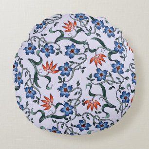  Vibrant Blue Floral Patterns with Green Vines Round Cushion