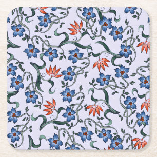  Vibrant Blue Floral Patterns with Green Vines Square Paper Coaster