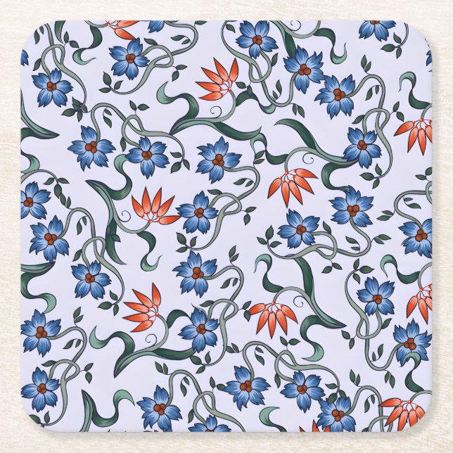  Vibrant Blue Floral Patterns with Green Vines Square Paper Coaster (Front)