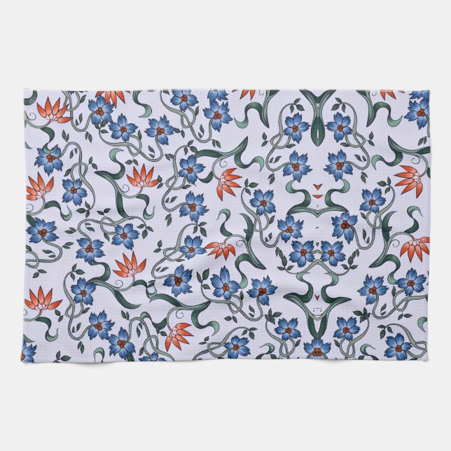  Vibrant Blue Floral Patterns with Green Vines Tea Towel (Horizontal)
