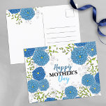 Vibrant Blue Flowers and Green Leaves Mother's Day Postcard<br><div class="desc">This Mother’s Day postcard is a beautiful expression of love and appreciation. The postcard is adorned with intricate designs that make it visually delightful. The front of the postcard is graced by beautifully detailed blue flowers, each petal meticulously crafted to stand out against the pristine white background. Green leaves and...</div>