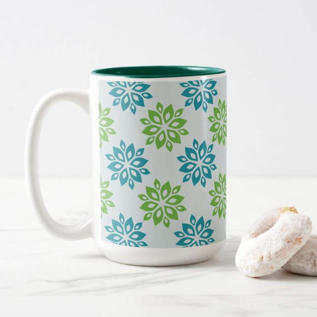Vibrant Blue & Green Abstract Floral Two-Tone Coffee Mug (With Donut)