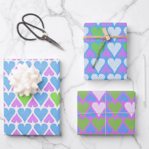 Vibrant Blue Green Purple Hearts Pattern  Wrapping Paper Sheet