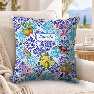 Vibrant Blue Mediterranean Citrus Azulejo Tile Cushion
