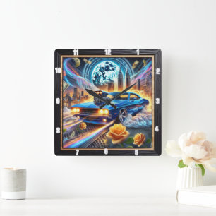 Vibrant Blue Muscle Car With City Backdrop Square Wall Clock
