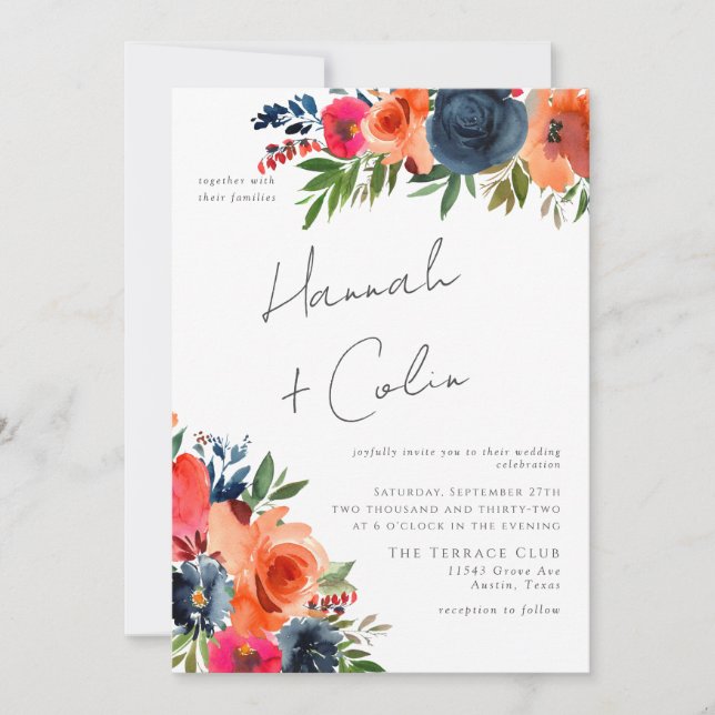 Vibrant Blue Orange Red Botanical Invitation (Front)