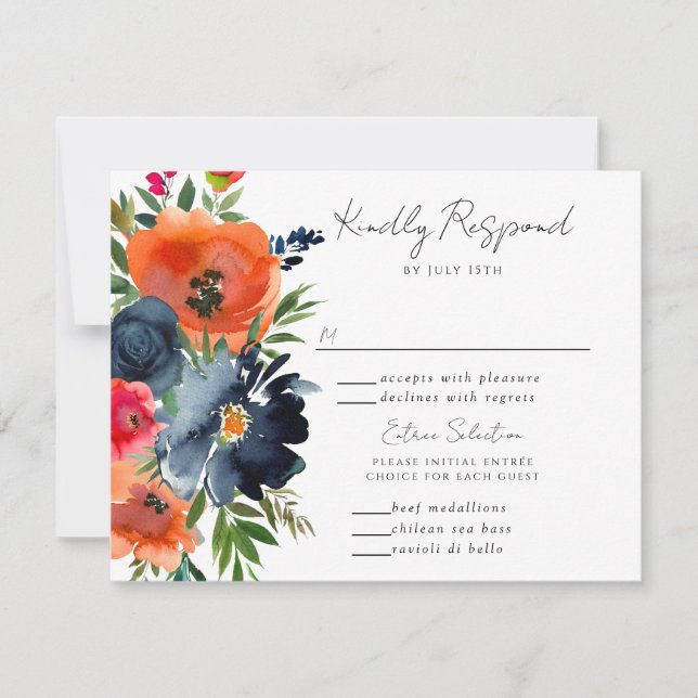 Vibrant Blue Orange Red Botanical RSVP Card (Front)