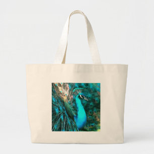 Vibrant Blue Peacock In With Fanned Tail Large Tote Bag