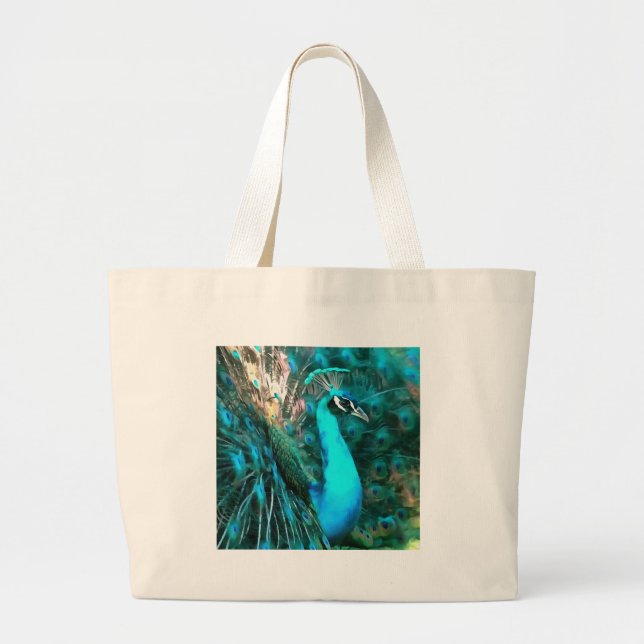 Vibrant Blue Peacock In With Fanned Tail Large Tote Bag (Front)