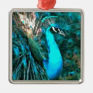 Vibrant Blue Peacock In With Fanned Tail Metal Tree Decoration