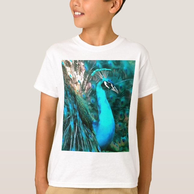 Vibrant Blue Peacock In With Fanned Tail T-Shirt (Front)