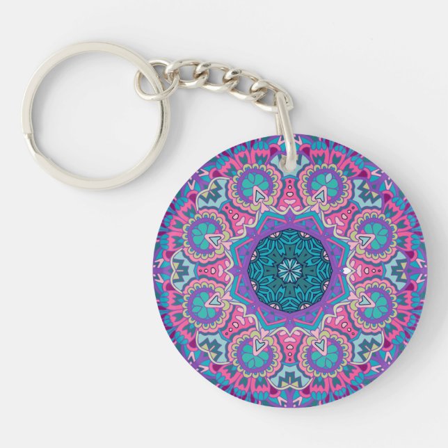 Vibrant Blue Pink Teal Purple Floral Mandala Key Ring (Front)