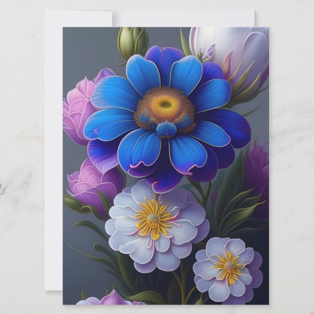 Vibrant Blue, Purple Fantasy Garden Flowers  Card (Front)
