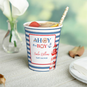 Vibrant Blue Red Coastal Lighthouse Baby Shower Paper Cups