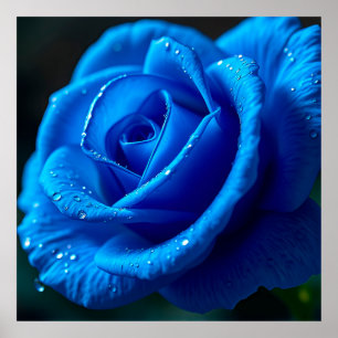 Vibrant Blue Rose with water drops Poster