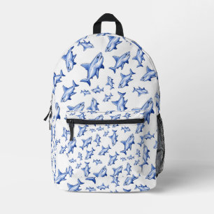 Vibrant Blue Shark Pattern Printed Backpack