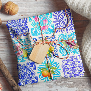 Vibrant Blue Sicilian Citrus Mediterranean Tile Wrapping Paper