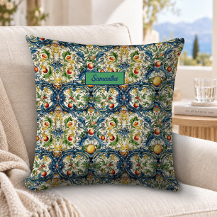 Vibrant Blue Sicilian Mediterranean Citrus Tiles Cushion