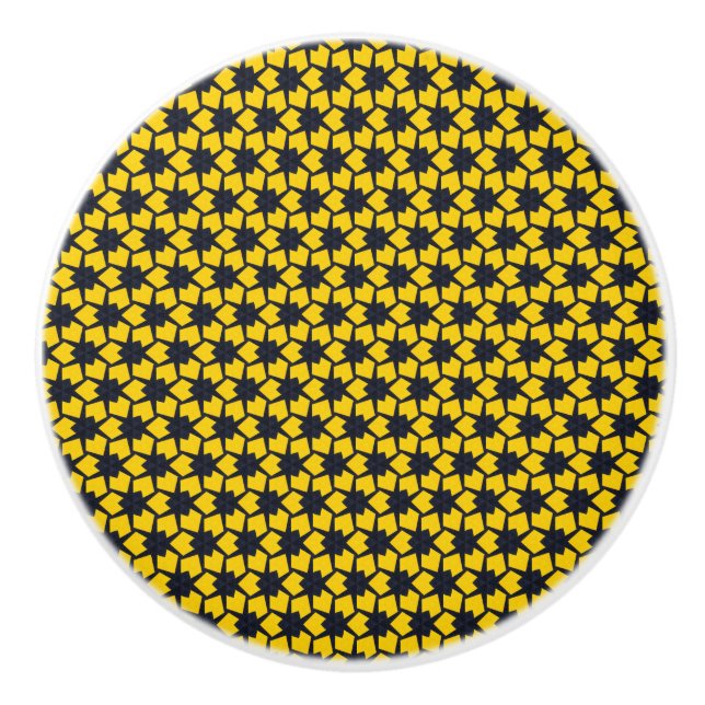 Vibrant Blue Star Pattern on Yellow Background Ceramic Knob (Front)