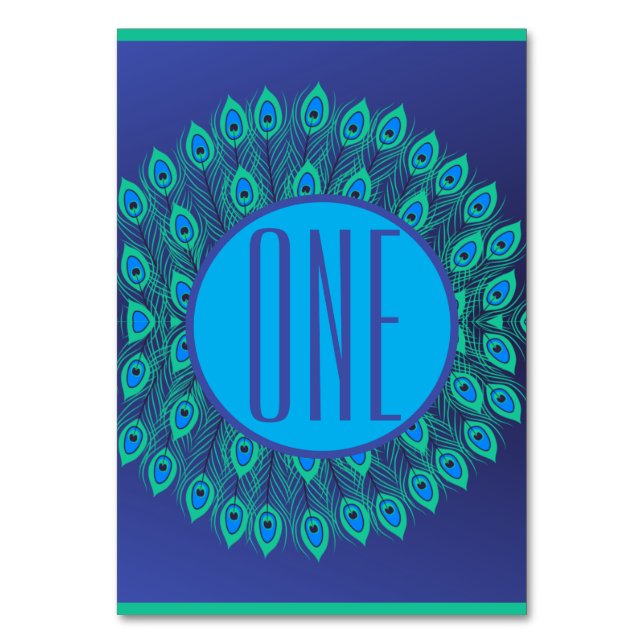 VIBRANT BLUE & TEAL PEACOCK FEATHER PATTERN TABLE NUMBER (Front)