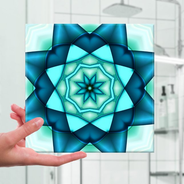 Vibrant Blue Turquoise Floral Star Ceramic Tile (Ceramic tile with a gorgeous geometric abstract fractal design in vibrant turquoise teal)