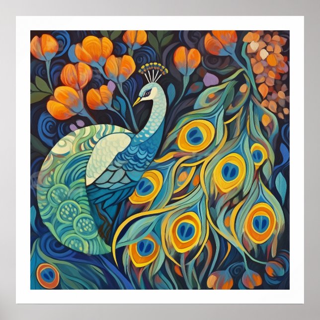 Vibrant Blue water colour Peacock Poster (Front)