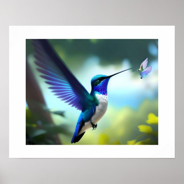 Vibrant Blue & White Hummingbird In Flight Poster (Front)