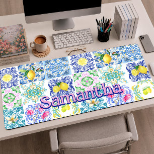 Vibrant Blue Yellow Sicilian Azulejo Lemon Tiles Desk Mat
