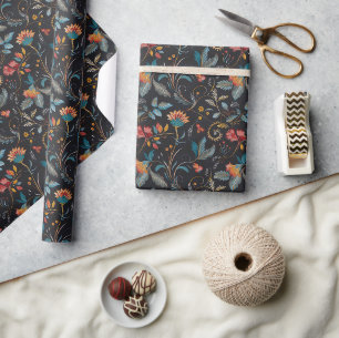 Vibrant Bohemian Floral and Leaf Pattern on Black Wrapping Paper