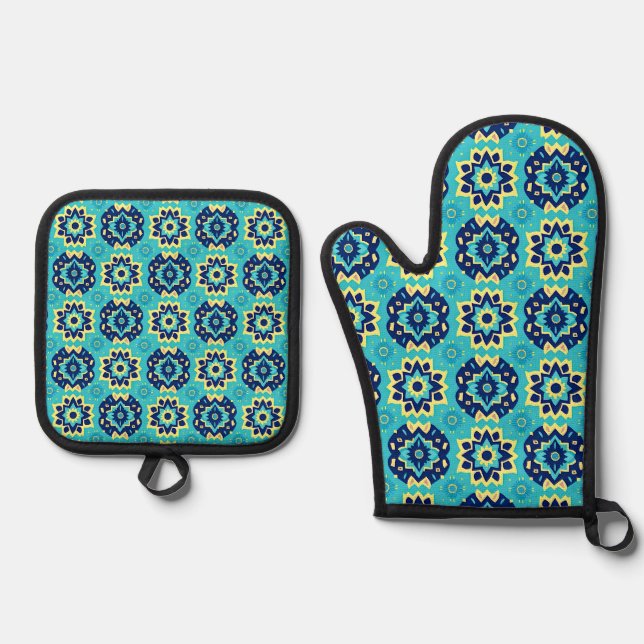 Vibrant Boho Chic Geometric Floral Pattern Oven Mitt & Pot Holder Set (Front)