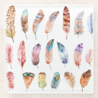 Vibrant Boho Feathers: Watercolor Illustration Glass Coaster