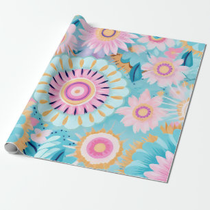 Vibrant Boho Floral Explosion in Pastel Hues Wrapping Paper