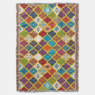 Vibrant Boho Geometric Patchwork Tile Pattern Throw Blanket
