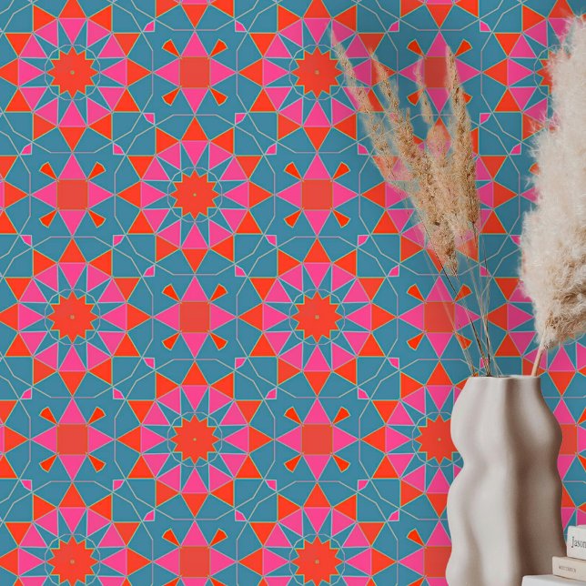 Vibrant Boho Moroccan Geometric Teal Pink Blue Wallpaper (Creator Uploaded)