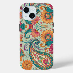 Vibrant Boho Paisley light green Floral Pattern iPhone 15 Case