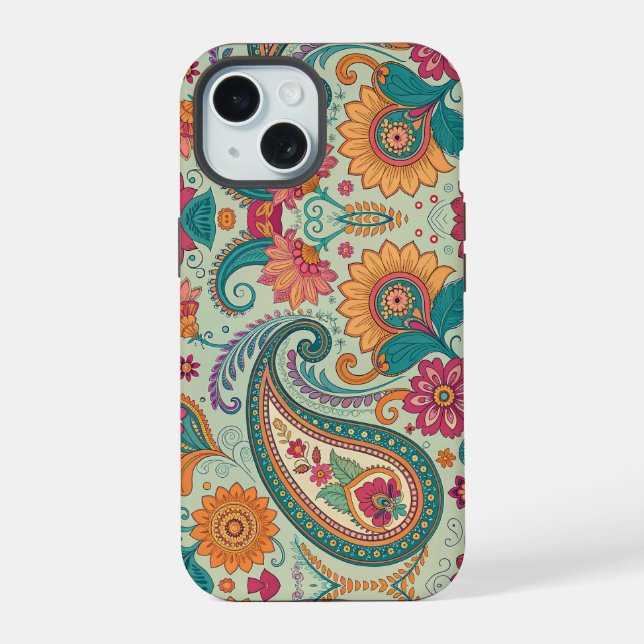 Vibrant Boho Paisley light green Floral Pattern   iPhone 15 Case (Back)