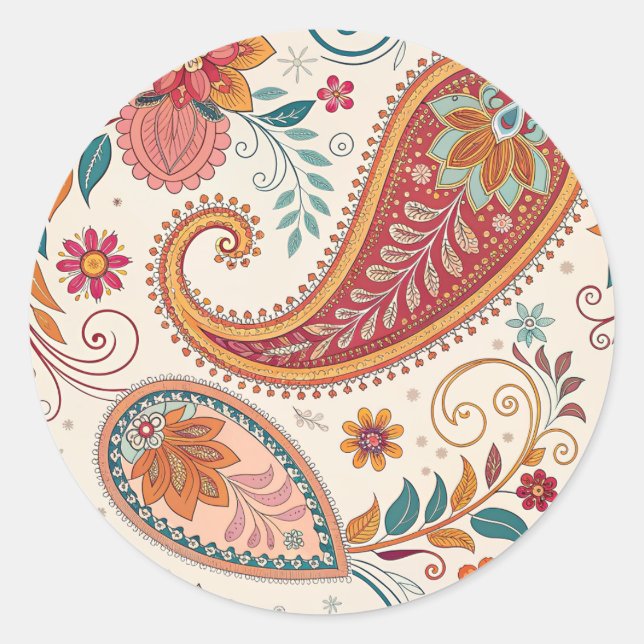 Vibrant Boho Paisley white Floral Pattern  Classic Round Sticker (Front)