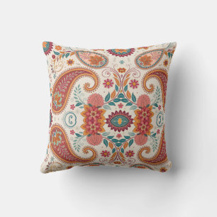 Vibrant Boho Paisley white Floral Pattern Cushion