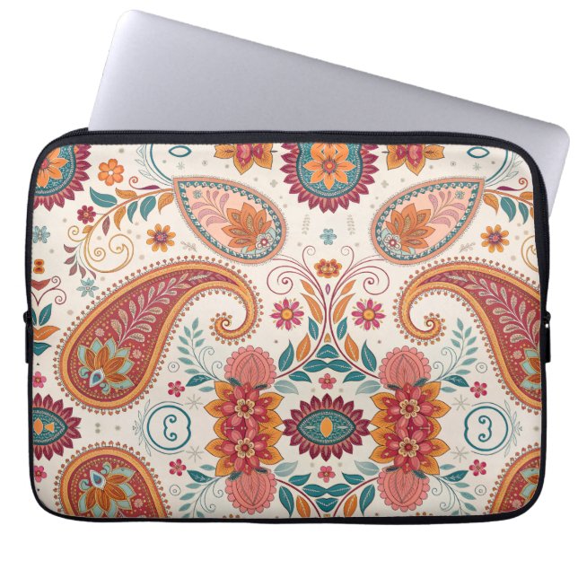 Vibrant Boho Paisley white Floral Pattern  Laptop Sleeve (Front)