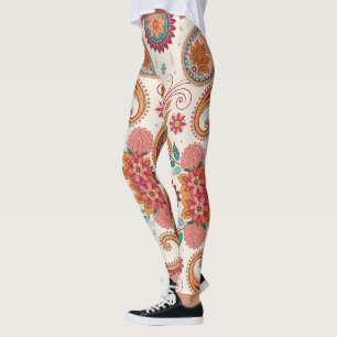 Vibrant Boho Paisley white Floral Pattern  Leggings