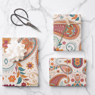 Vibrant Boho Paisley white Floral Pattern Wrapping Paper Sheet