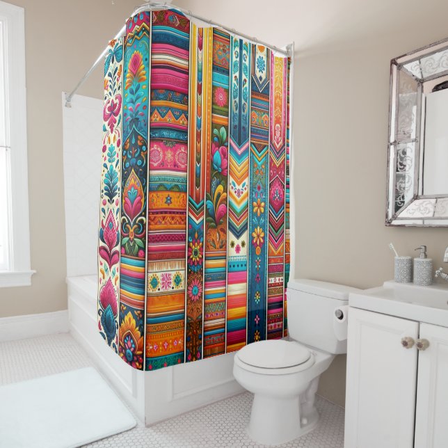 Vibrant Boho Stripes: Eclectic Textile Art Shower Curtain (In Situ)
