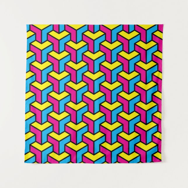 Vibrant Bold CMYK Geometric Optical Illusion Block Tapestry (Front)
