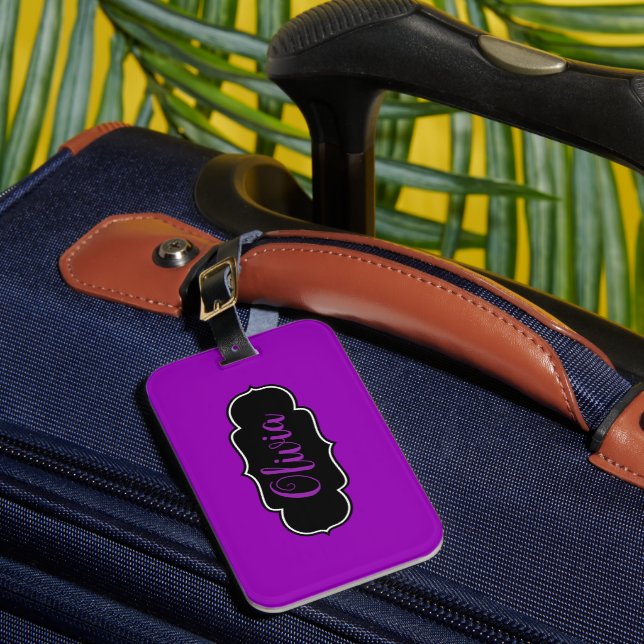 Vibrant, Bold Purple Personalised  Luggage Tag (Front Insitu 1)