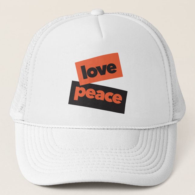 Vibrant, bold, simple, urban design of Love Peace Trucker Hat (Front)
