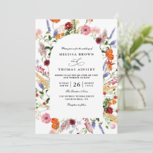 Vibrant Bold Watercolor Wildflower QR Code Wedding Invitation
