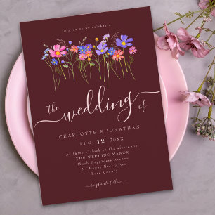 Vibrant Bold Wildflowers Burgundy Pink Wedding Invitation
