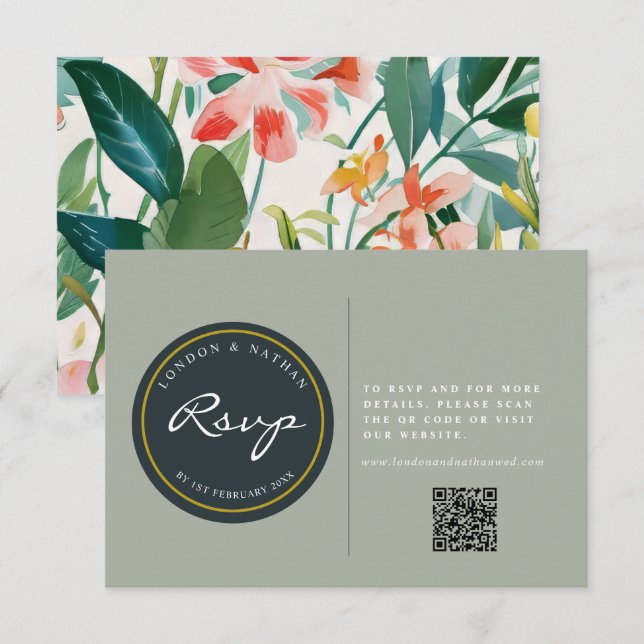 Vibrant Botanical Floral Wedding QR Code  RSVP Card (Front/Back)