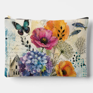 Vibrant Botanical Mixed Media Collage Art Accessory Pouch