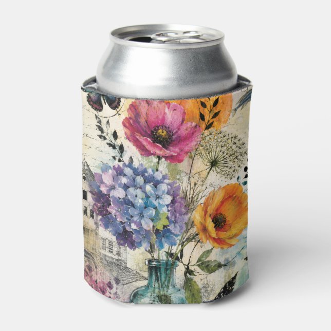 Vibrant Botanical Mixed Media Collage Art Can Cooler (Can Front)